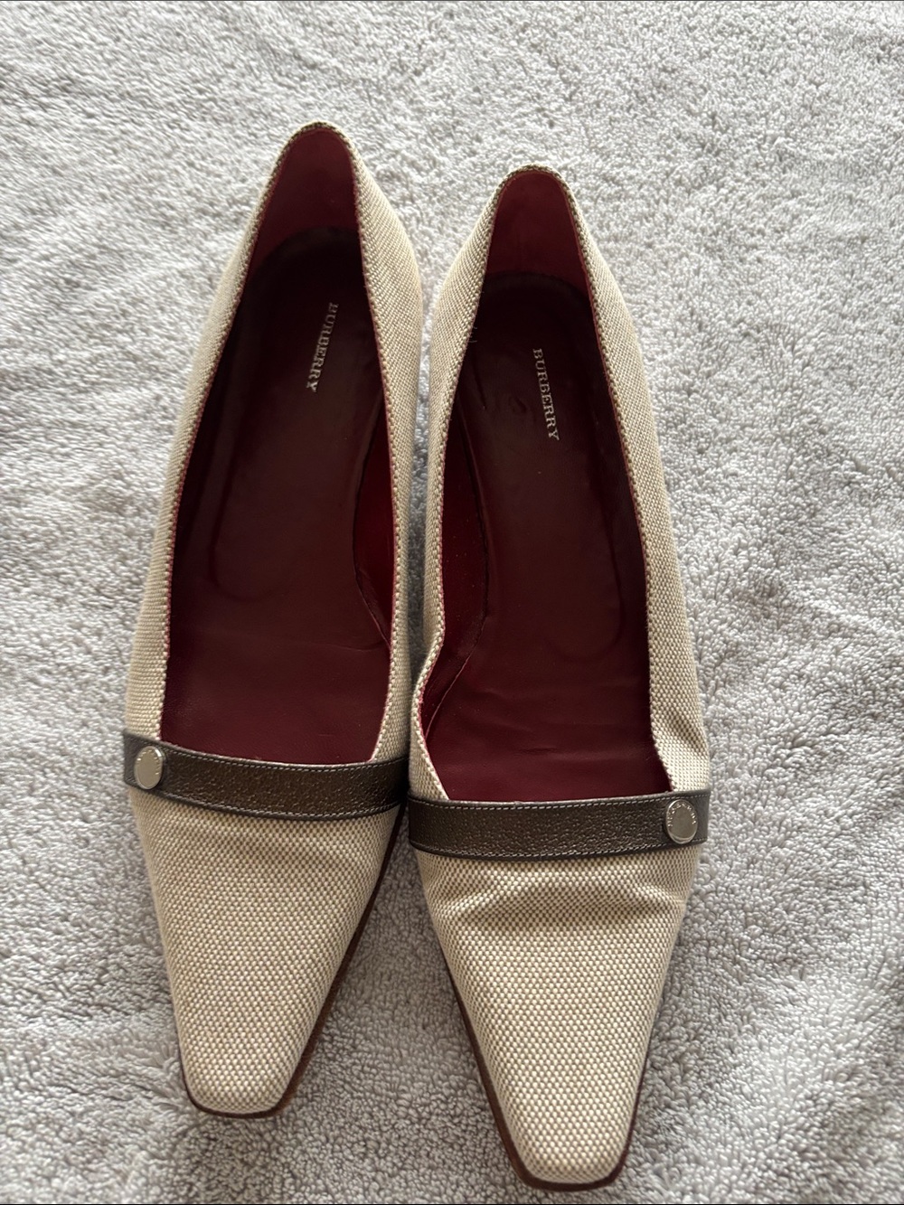 Burberry Cream Canvas Pointed Flats with Brown Trim and Burgundy Insole